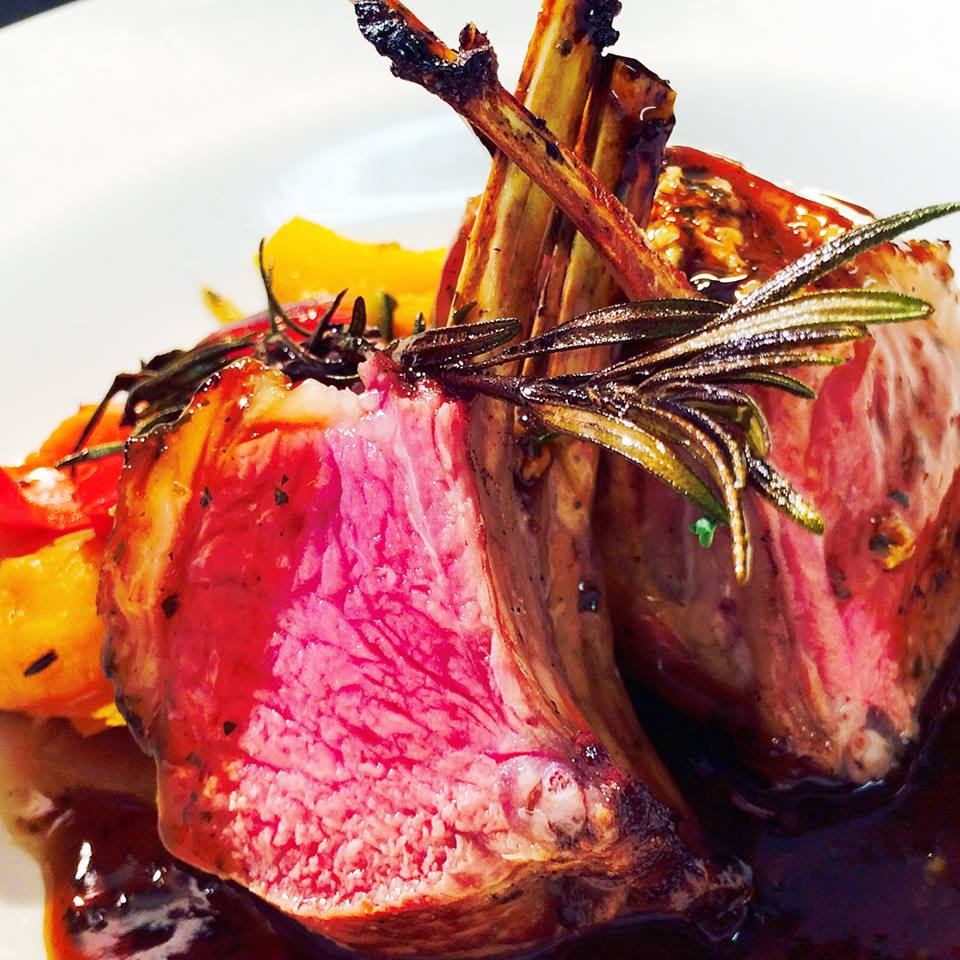 Rack of lamb, roast veg and redcurrant glaze. Picture: Guys