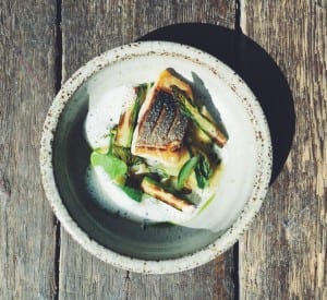 Bass with clams, celery, wild leek and cider at Timberyard. Picture: TY 