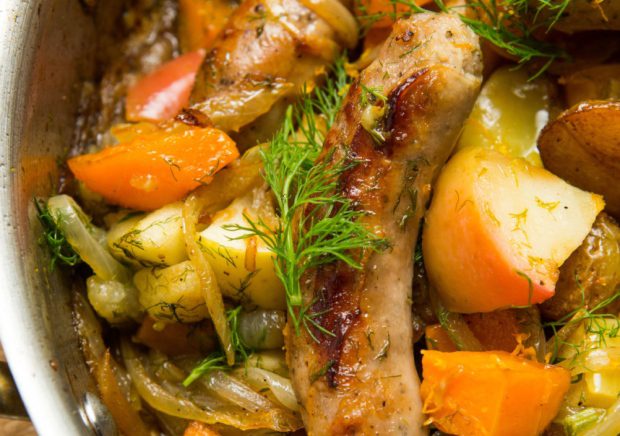 Sausage, apple and pumpkin bake. Picture: Contributed