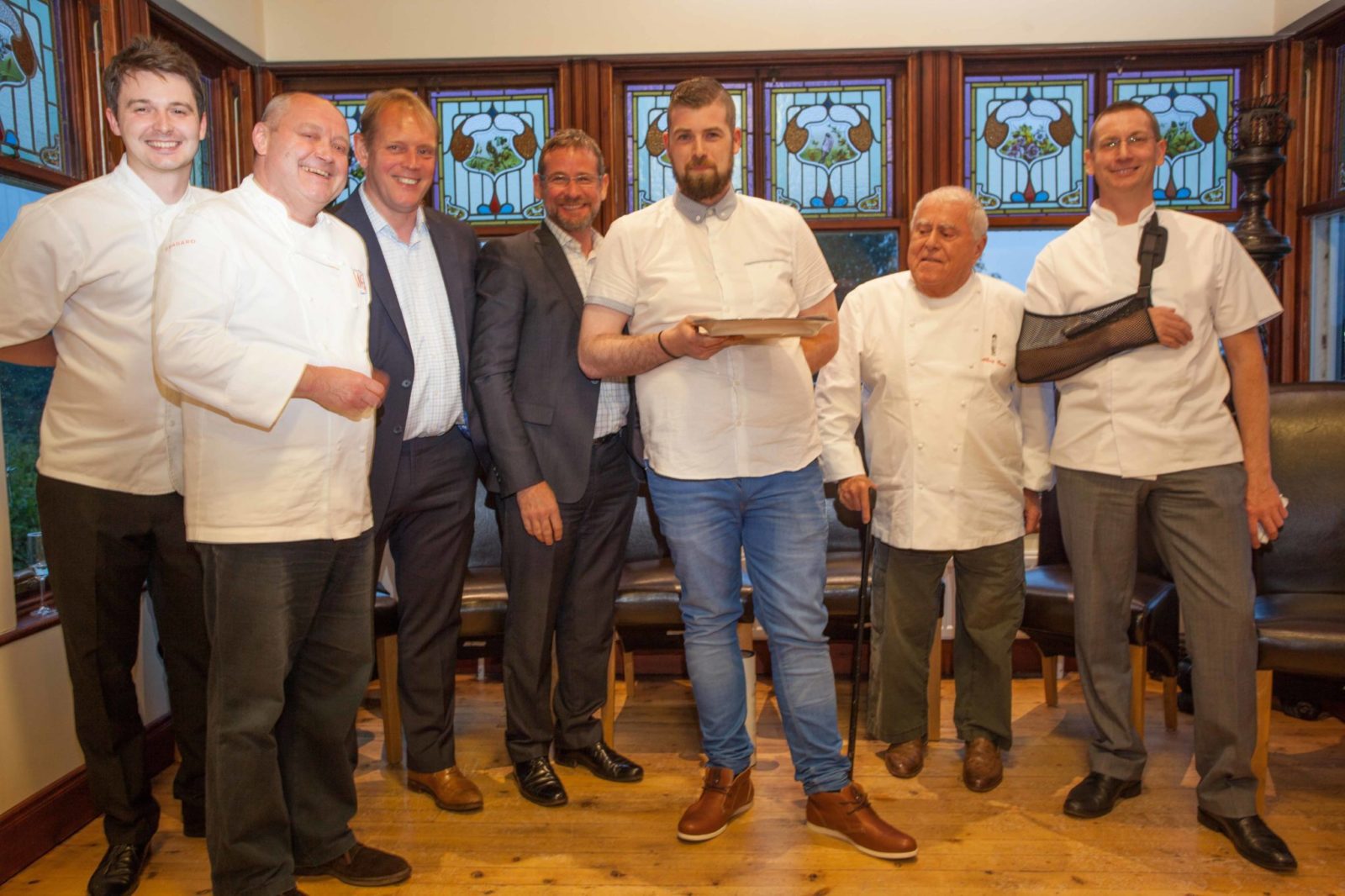 The Young Highland Chef 2015 judges and winner. Left to right: Derek Johnstone, Steven Doherty, Brian Maule, Andrew Fairlie, David MacDonald, Albert Roux, Glen Watson. Picture: Mark Rodgers