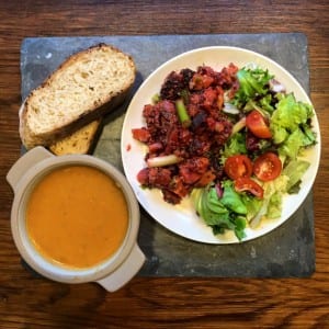 Roast veg salad with Quinoa and Tomato and pesto soup. Picture: UofG