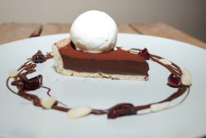 Dessert: Tart, dark chocolate, cherry, almond ice-cream