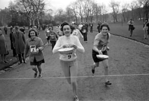 Mina Mitchell wins the Jif pancake race at Kelvingrove Park, Glasgow, February 1971.
