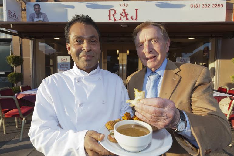 Tommy Miah with Sir Tom Farmer (right) outside the Raj. Picture: Gary Doak. 