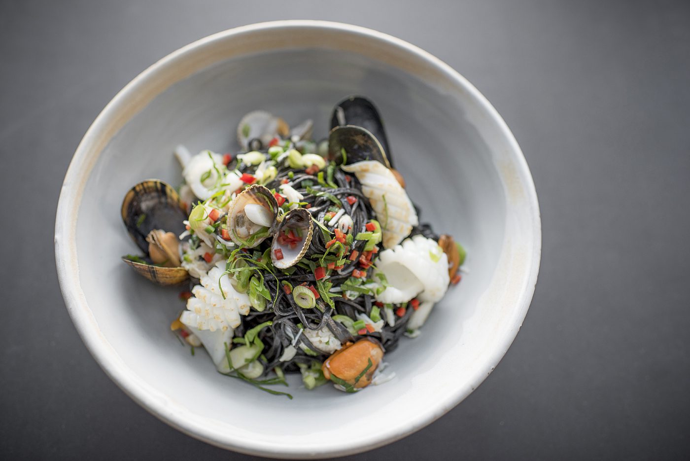 Tom Kitchin's seafood and squid ink spaghetti Scotsman Food and Drink