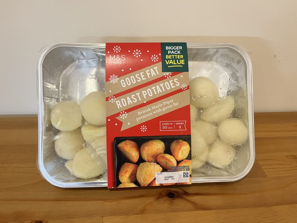 Marks and Spencer Goose Fat Roast Potatoes sat on a kitchen table