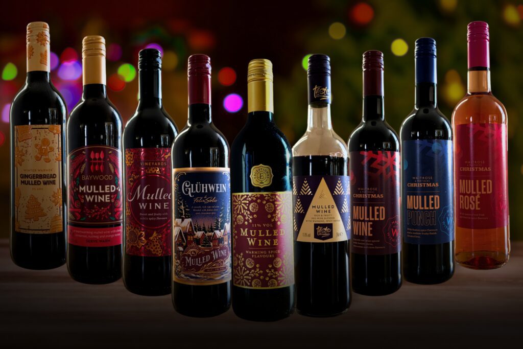 A composite image of each bottle of mulled wine tasted.
